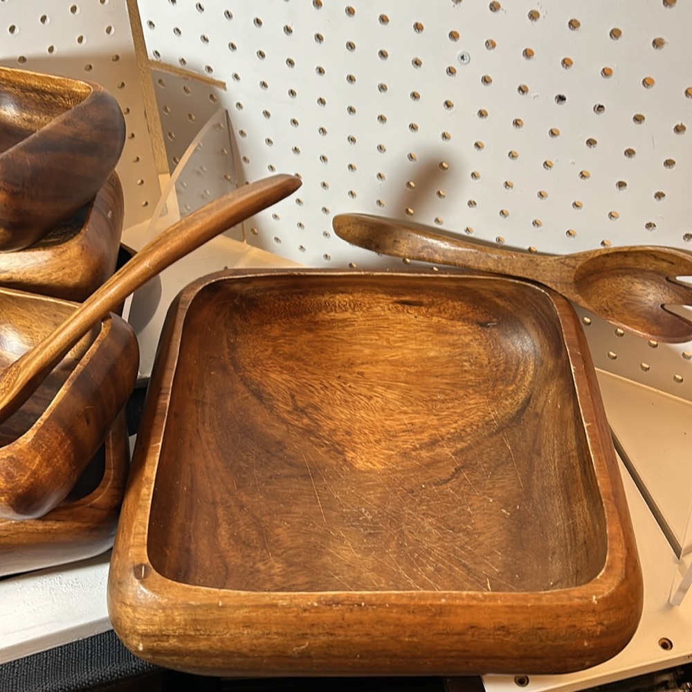 VINTAGE GENUINE MONKEY POD Square Salad Bowl 11 Piece Set - Picture 6 of 7
